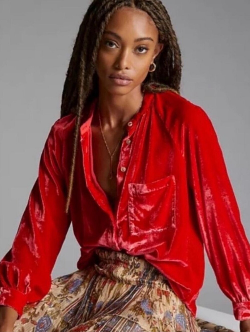 Pilcro Red Velvet Button-Down Shirt Holiday Parth Whimsigoth Going Out Size Lg. - Picture 3 of 15